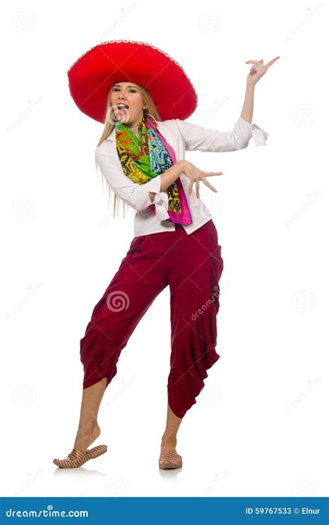 Mexican Girl with Sombrero Dancing on White Stock Image - Image of ...