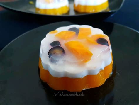 Mango coconut Jelly fruit pudding / Three Layered Agar Agar Pudding ...