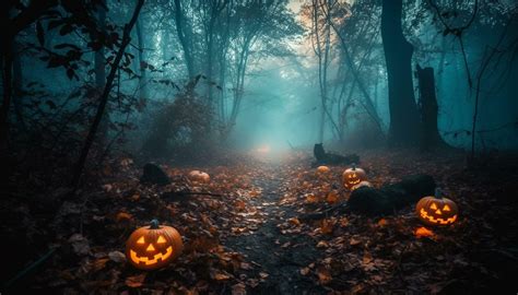 Spooky Halloween night in the dark forest with glowing lanterns generated by AI 24616441 Stock ...