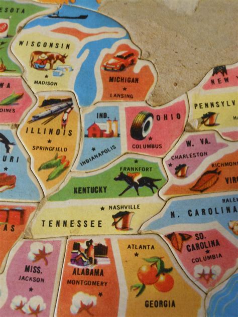 Vintage Inlaid Puzzle Map of United States