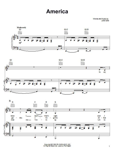 America (1992) by Julie Gold Sheet Music for Piano, Vocal & Guitar Chords (Right-Hand Melody) at ...