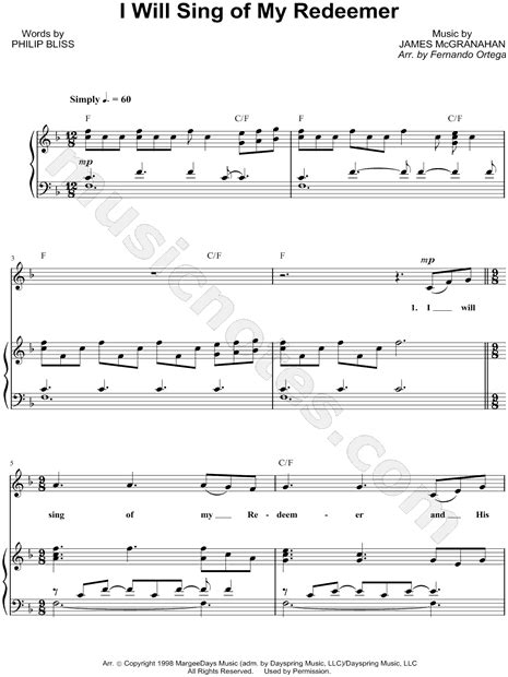 Fernando Ortega "I Will Sing of My Redeemer" Sheet Music in F Major (transposable) - Download ...