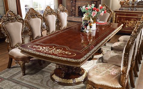 HD 1803 Homey Design Long Dining Table Victorian Style Burl & Metallic ...