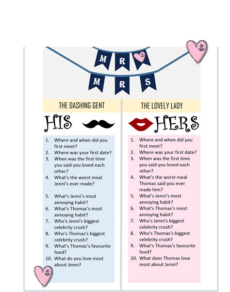 Hen Night Mr and Mrs Quiz | Hen night ideas, Bachelor party games, 25th wedding anniversary party