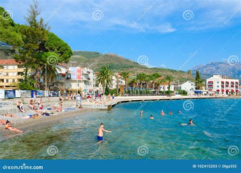 Tourists Rest on Beach of Beautiful Promenade of Tivat, Montenegro Editorial Stock Photo - Image ...