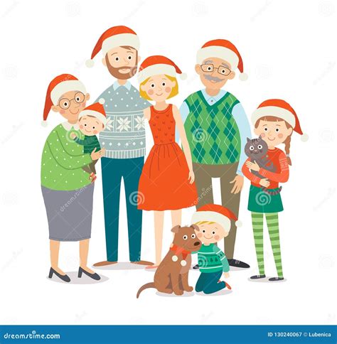 Christmas Family Portrait. Big Happy Family in Christmas Hats. Grandparents, Parents and ...