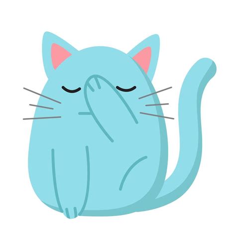 Cartoon blue fat cat closes its face with its hand. Cute vector ...