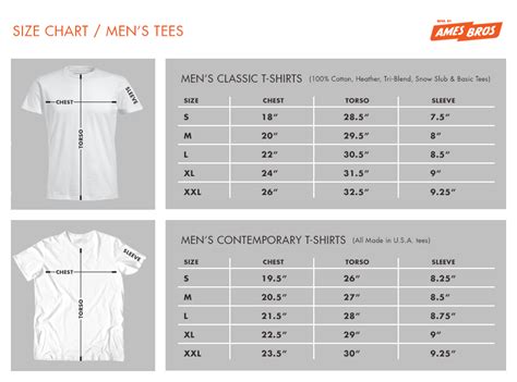 Men's T-Shirt Size Chart – Ames Bros