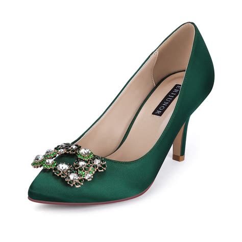 ERIJUNOR Women Pointed Toe Mid Heel Pumps with Rhinestone Brooch Satin Wedding Evening Party Shoes