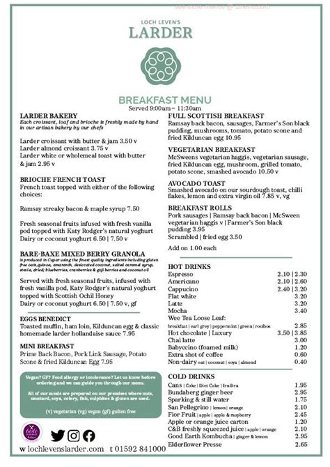 Menu at Loch Leven's Larder cafe, England