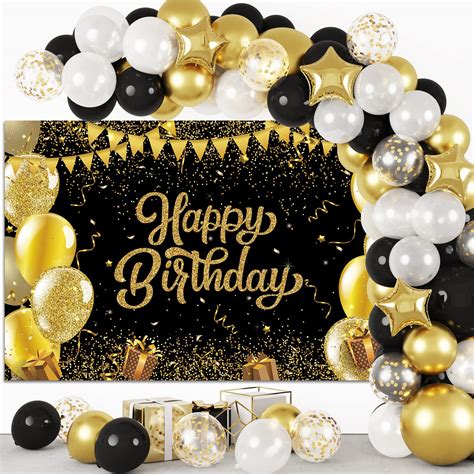 Buy Rubfac Black and Gold Birthday Decorations Happy Birthday Backdrop ...