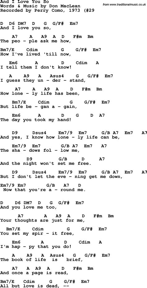 Song lyrics with guitar chords for And I Love You So - Perry Como, 1973 ...