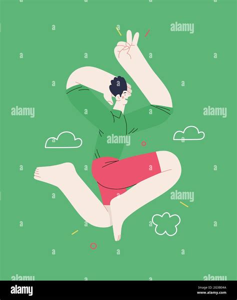 Happiness - happy young man jumping in the air cheerfully. Modern flat ...