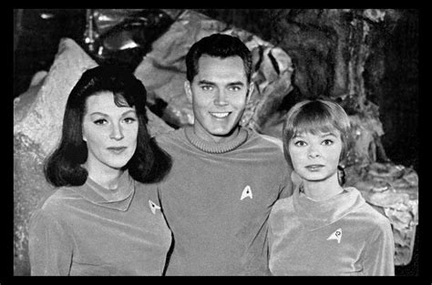 Number One (Majel Barret), Capt. Christopher Pike (Jeffrey Hunter), and Yeoman J.M. Colt (Laurel ...