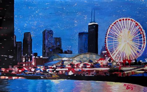 Chicago Skyline With Ferris Wheel Painting by M Bleichner