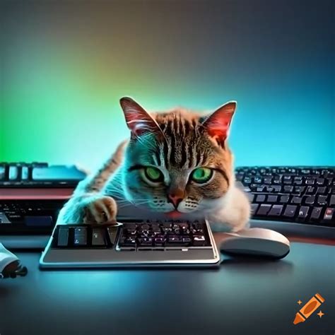 Cat playing computer games on a gaming pc on Craiyon