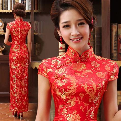 Mandarin Collar Gold Red Long Traditional Chinese Wedding Dress ...