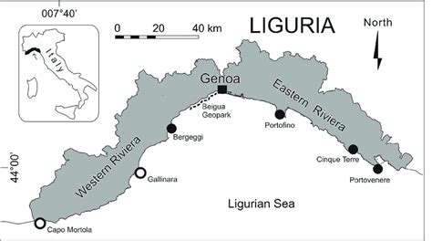 Geographical setting of Liguria, together with location of Marine ...