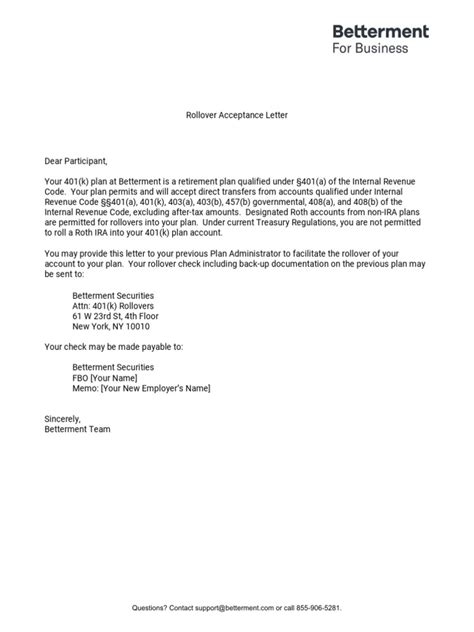 Betterment Rollover Acceptance Letter | PDF