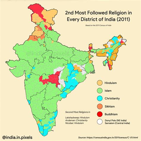 Map showing 2nd-most followed religion in every district of India : r ...