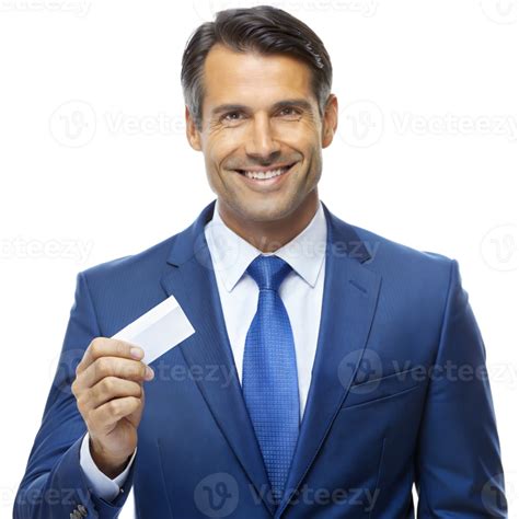 Smiling Businessman Holding Blank Business Card In Blue Suit 45943868 PNG