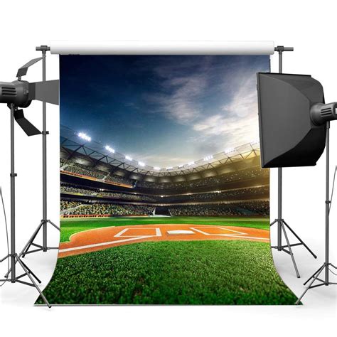 ABPHOTO Polyester 5x7ft Baseball Field Backdrop Stadium Stage Lights Crowd Bokeh Green Grass ...