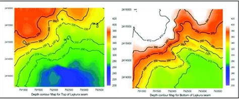 Depth contour map of Lajkura top and bottom of a coal seam, IB valley... | Download Scientific ...