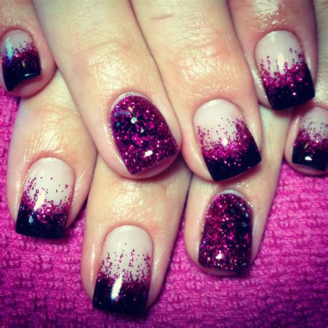 Black tip, pink glitter fade, gel nails with glitter feature nail and ...