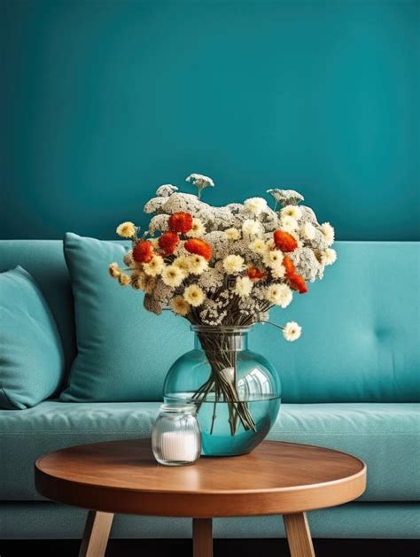 Field Flowers Bouquet in Glass Vase on Wooden Coffee Table Against Turquoise Wall Background ...