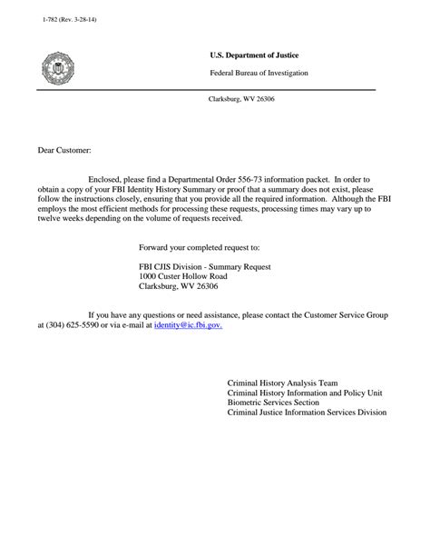 Departmental Order Information Packet Cover Letter — FBI