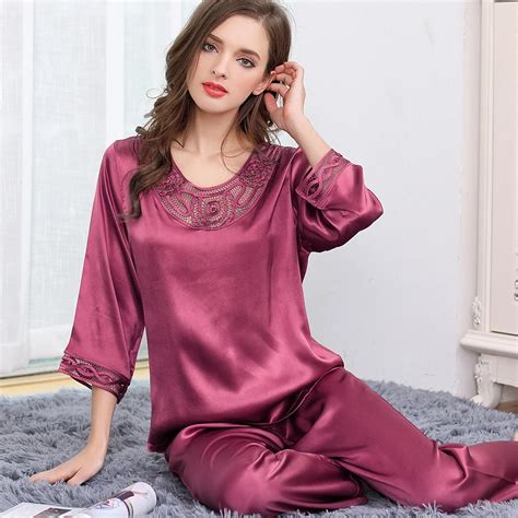 XXL women's silk pajama sets plus size 2019 new woman fashion brand solid color pink embroidery ...