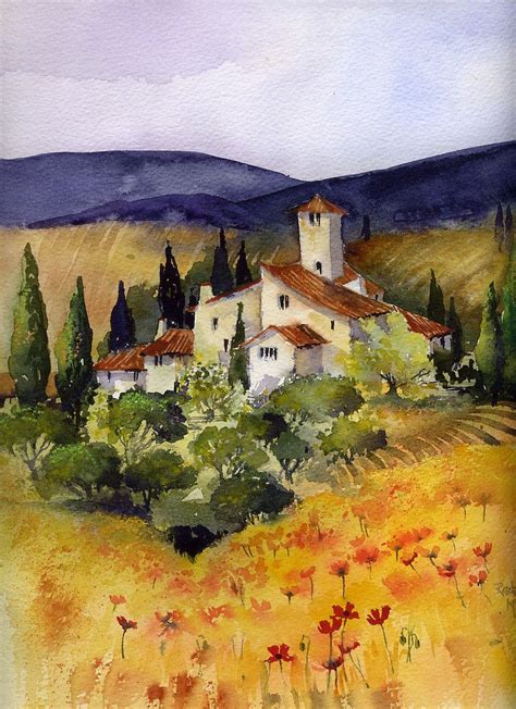 Evening in Tuscany by artbyrachel | Watercolor landscape paintings, Landscape paintings ...