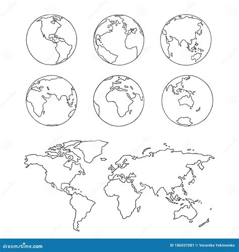 Sketch Globe and World Map. Doodle Hand Drawn Vector Illustration. Earth Planet with Continents ...