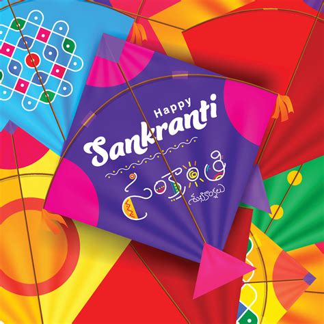 Happy sankranti written in telugu language on kite. Sankranti wishes with kite decoration ...