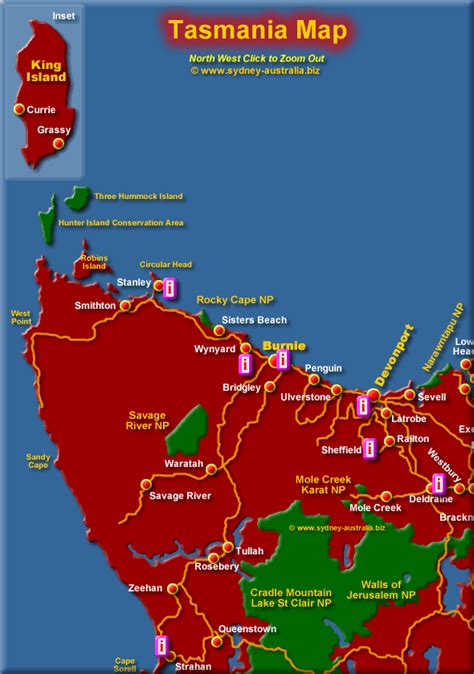 North West Tasmania Map showing Tourism Places