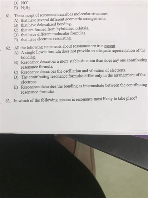Solved D) NO E) N2H2 The concept of resonance describes | Chegg.com
