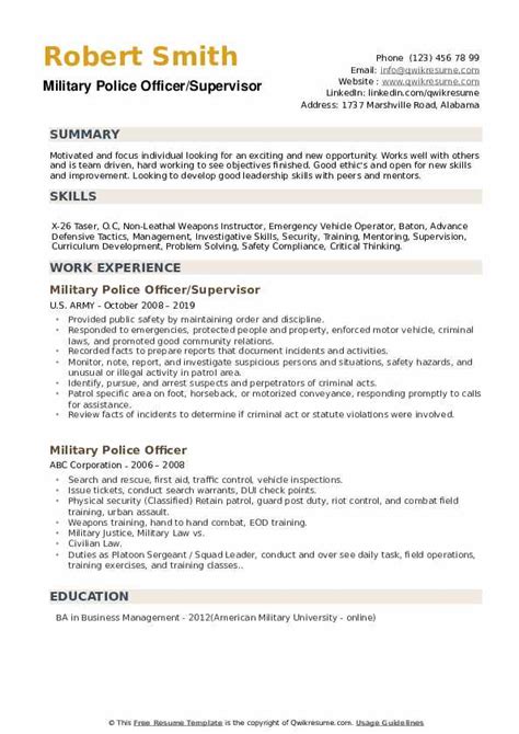 Military Police Officer Resume Samples | QwikResume