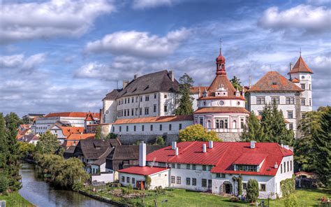 Czech Republic, city, castle, house, river, trees, sky, clouds ...