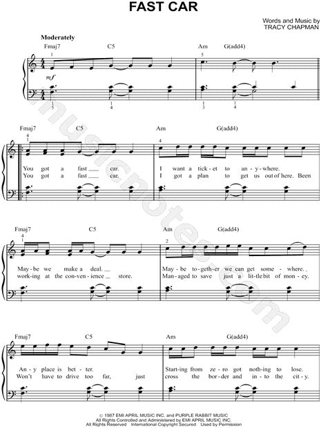 Tracy Chapman "Fast Car" Sheet Music (Easy Piano) in C Major ...