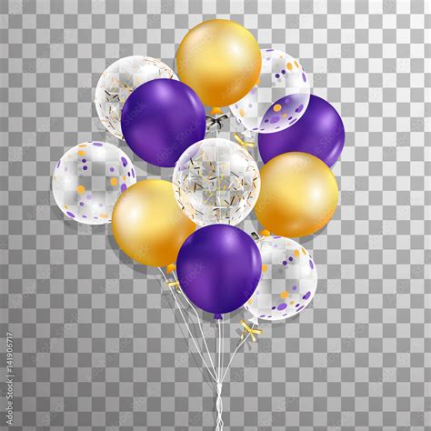 Set of purple, gold, wthite with confetti helium balloon isolated in the air . Frosted party ...