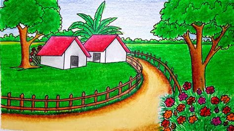 How to draw village scenery step by step very easy-landscape drawings easy real village scenery