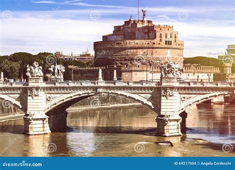 Mausoleum of Hadrian and Bridge on Tiber River in Rome, Italy Stock ...