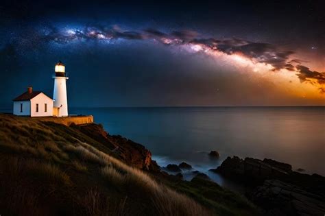 Premium Photo | A lighthouse on a cliff overlooking the ocean at night