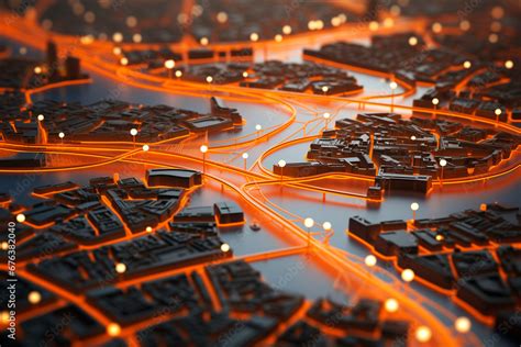 3D city map with routes and round marks on it Stock Photo | Adobe Stock