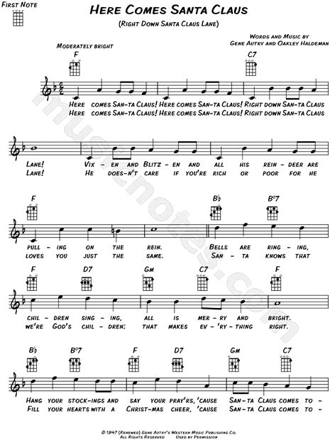 Gene Autry "Here Comes Santa Claus" Sheet Music (Leadsheet) in F Major - Download & Print - SKU ...