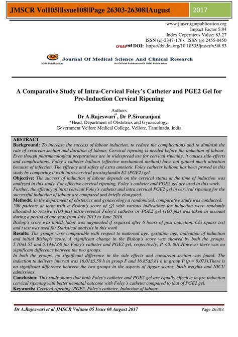 (PDF) A Comparative Study of Intra-Cervical Foley's Catheter and PGE2 Gel for Pre-Induction ...