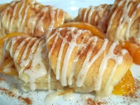 Peach Croissants: Pillsbury Crescent rolls, 1 can fruit filling, 1 c powdered sugar, 2T milk, 1t ...