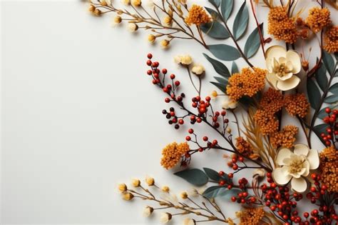 Premium AI Image | Autumn season frame dried flowers on wooden board ...