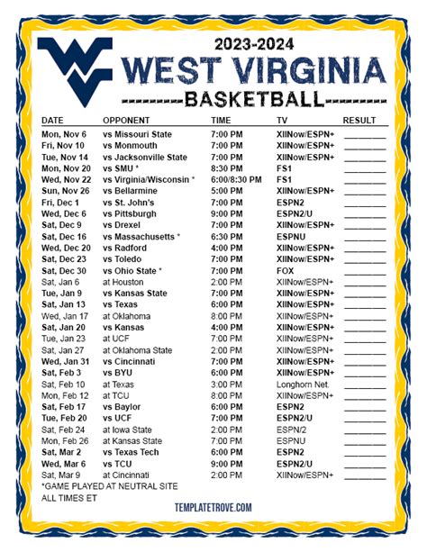 Printable 2023-2024 West Virginia Mountaineers Basketball Schedule