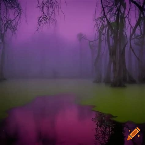 Dark fantasy movie scene with red water and purple fog on Craiyon